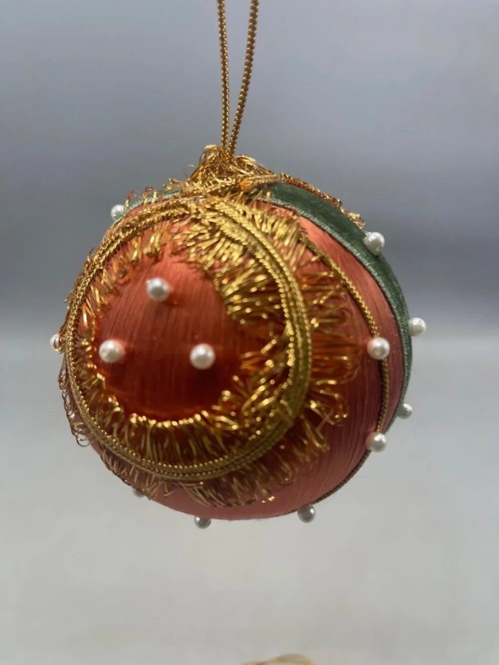 vintage set of 2 silk Christmas ornaments pink embellished green felt faux READ